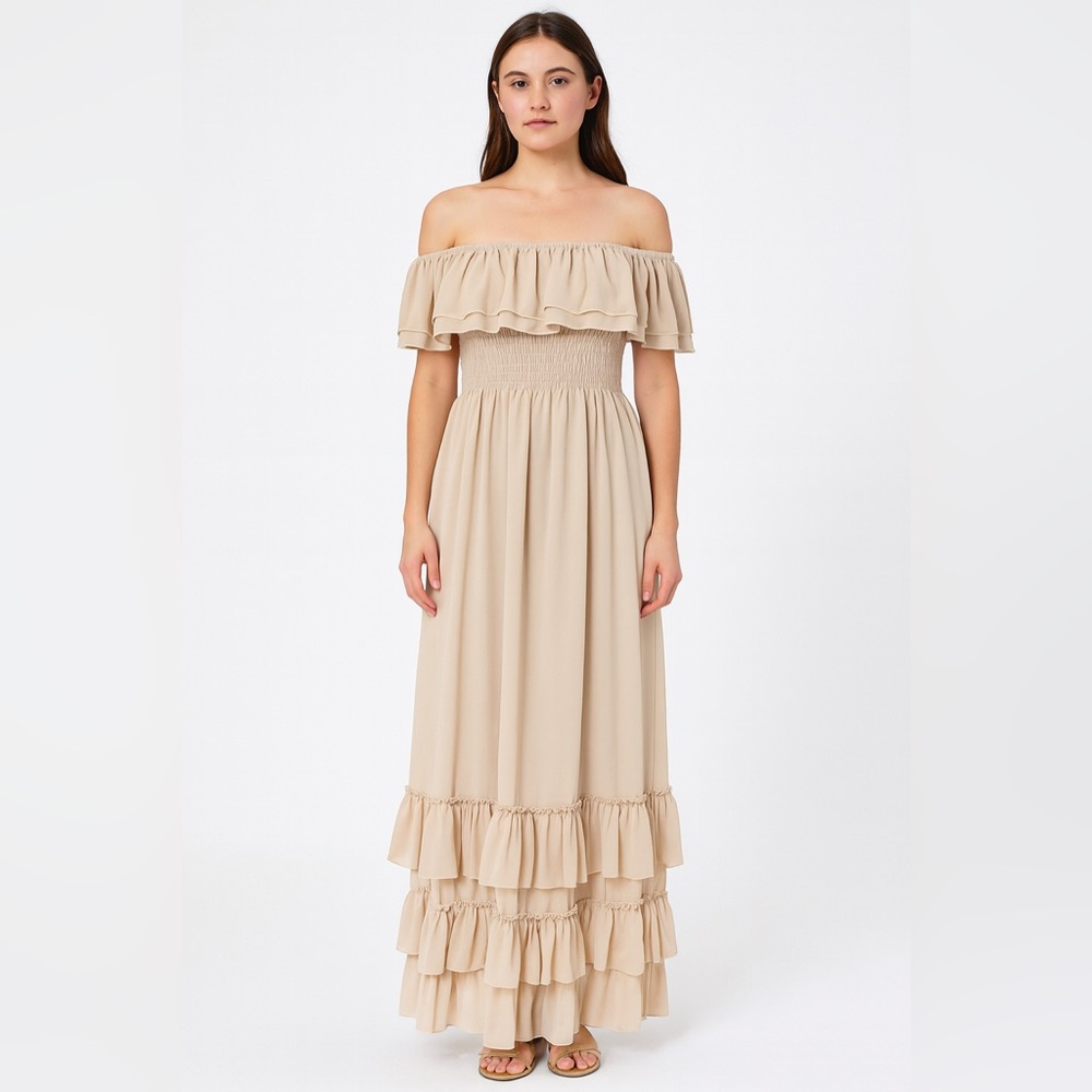 Alredine Women’s Beige Off Shoulder Maxi Dress Ruffle Tiered Boho Style Size S